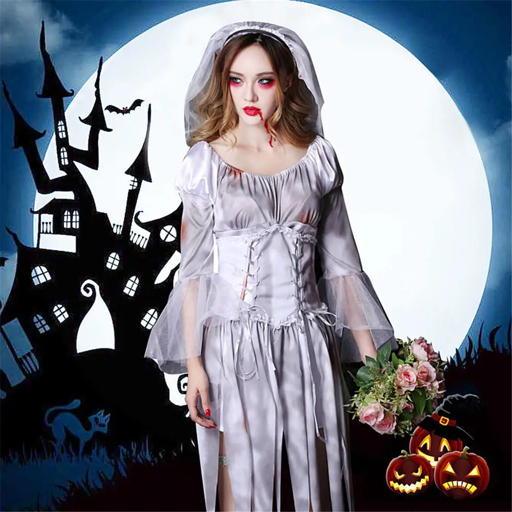 Костюм на Хэллоуин, косплей костюм, женский призрак, невеста и жених, ужас, окровавленный, Женский взрослый костюм зомби - Цвет: Бежевый