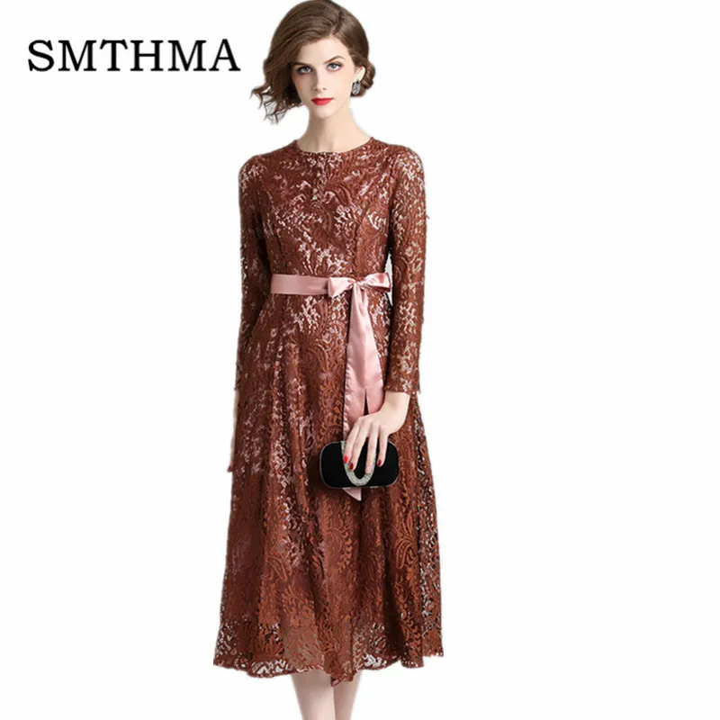 

SMTHMA Runway Dress Women 2019 High quality Long sleeve Lace Dress Elegant Party Dresses Brown vestidos