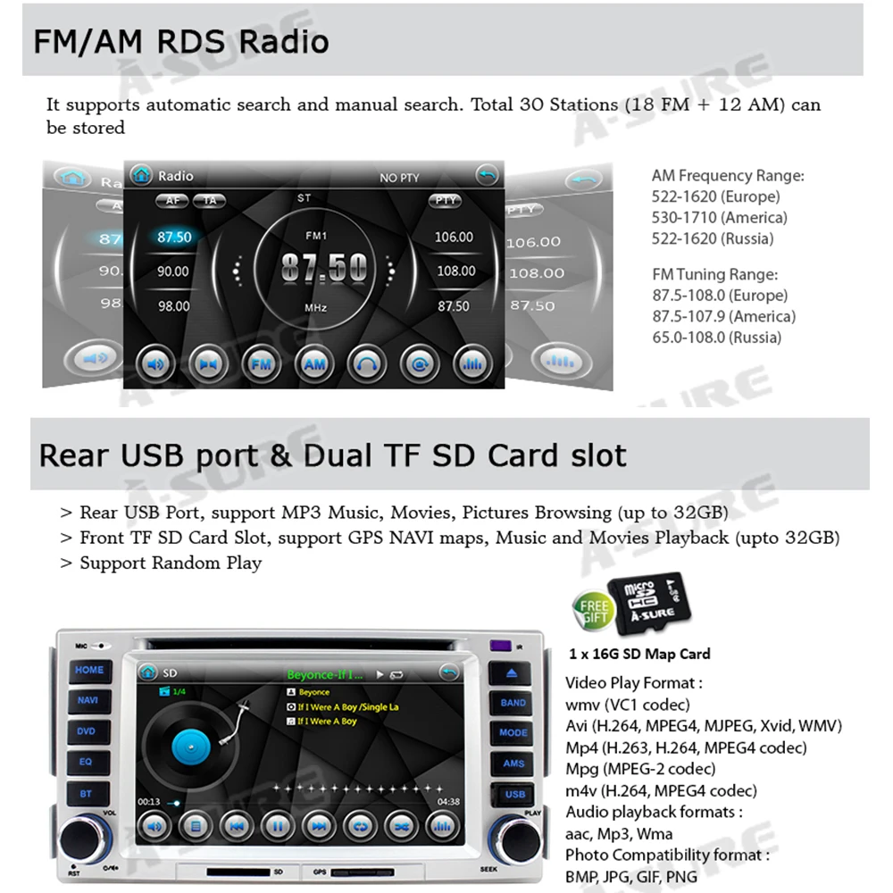 Best A-Sure 6.2 Inch 2 Din Car Auto Radio GPS DVD Player Stereo Navigation For HYUNDAI SANTA FE ELANTRA 16G ROM DVR Bluetooth 3