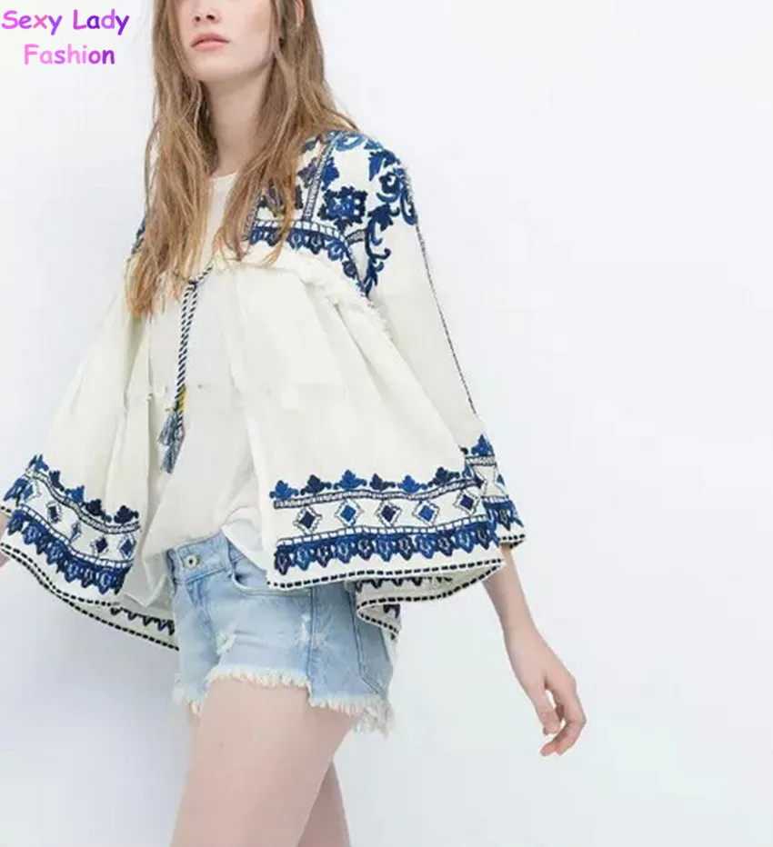 

Retro Ethnic Embroidery Blue &White Floral Stream Loose Kimono Cardigan Shirt 2018 New Women 'S Casual Linen Blouse Sunscreen