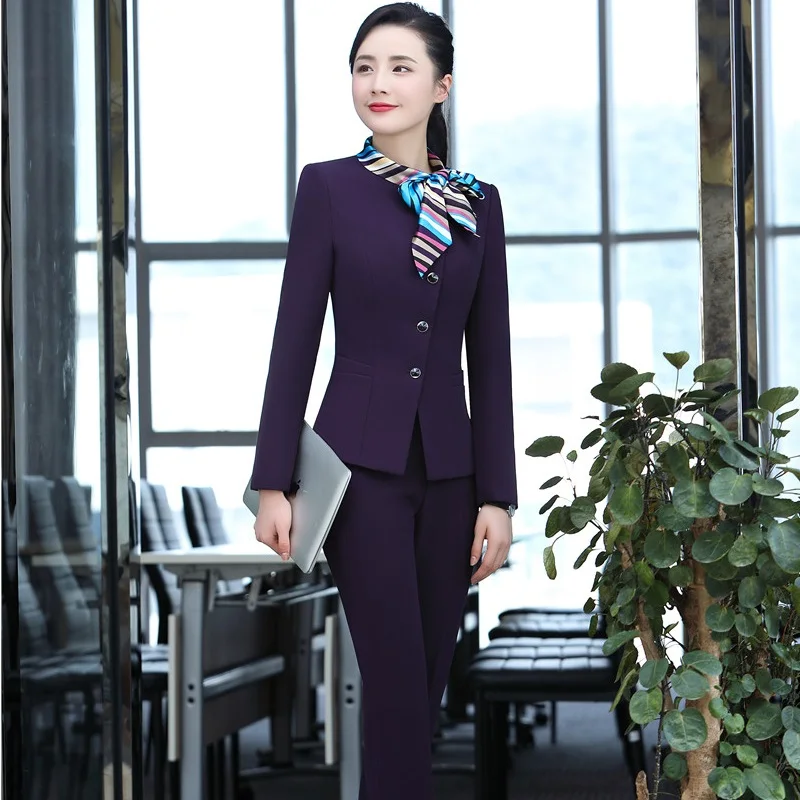 

Novelty Purple Autumn Winter Uniform Styles Jackets And Pants Pantsuits For Business Women Blazers With Scarf Plus Size