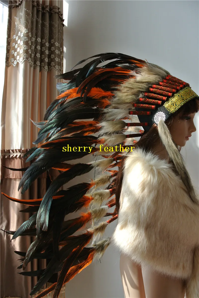 

Orange Indian style Feather headdress handmade feather costumes 28inch high war bonnet american costumes