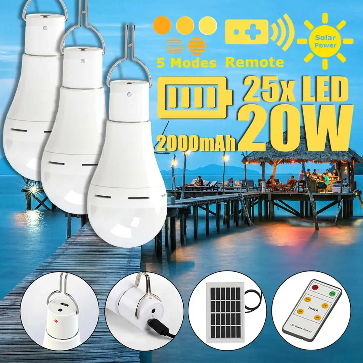 

20W Solar Power USB Rechargeable Camping Light Bulb 5-Modes w Solar Panel 3.m Cable & Remote