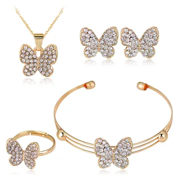

HC Cute Butterfly Girls Kids Jewelry Sets 4pcs Set Fashion Crystal Rhinestones Children Bracelet Necklace Earrings Jewelry Set T