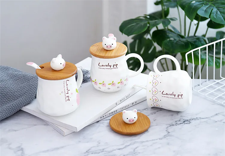 Cartoon Cute Pig Coffee Mug Ceramic Cups and Mugs with Lid Office Home Water Cup Couple Breakfast Cup Unique Gift for Children