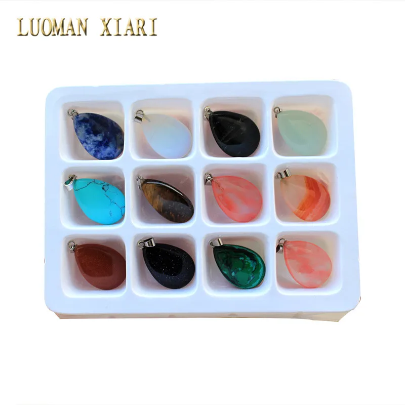 

Wholesale Multi-style 12 PCS Boxed Water Drop Shape Natural Stone Charms Pendant Fit DIY Necklaces For Jewelry Making 21*22 mm