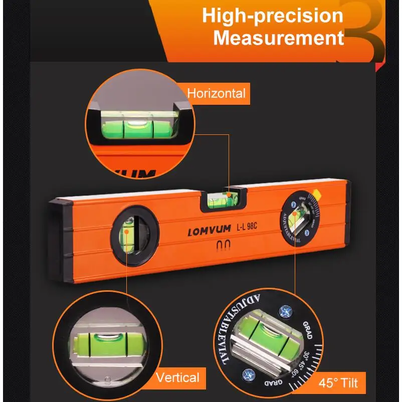 LOMVUM Высокая точность Дух Уровень Магнитный высокой несущей правитель рычаг пузыри нержавеющие горизонтальная линейка уровень духа флаконе