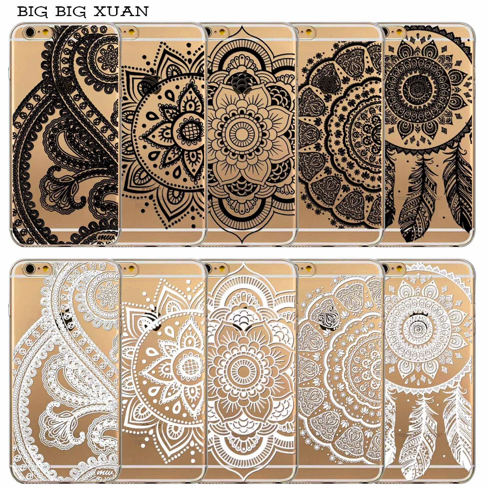 For iPhone 6 6S 5 5S SE 5C 6Plus 6sPlus Soft Silicon Clear Hollow White Black Paisley Dream Catcher Flower Phone Case Cover