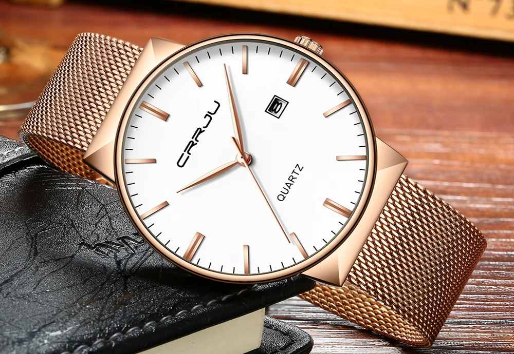  CRRJU Mens Gold watch casual Military Wristwatch Male Date Window Mesh Belt Quartz Watch Slim Clock