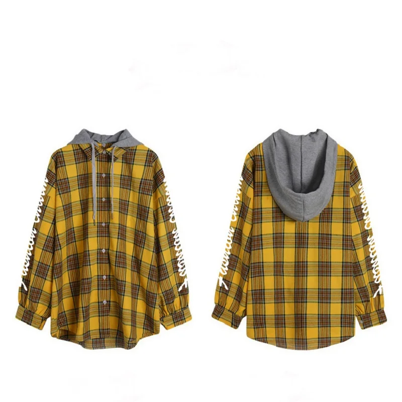 

ZOGAA 2019 red and yellow women tops casual plaid hooded shirt kirean style
