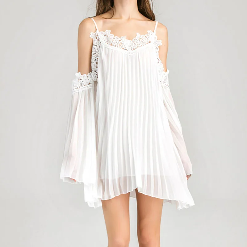 2017 Лето Плиссированные Шифоновые Платья Белый Спагетти Ремень С Плеча Сладкий