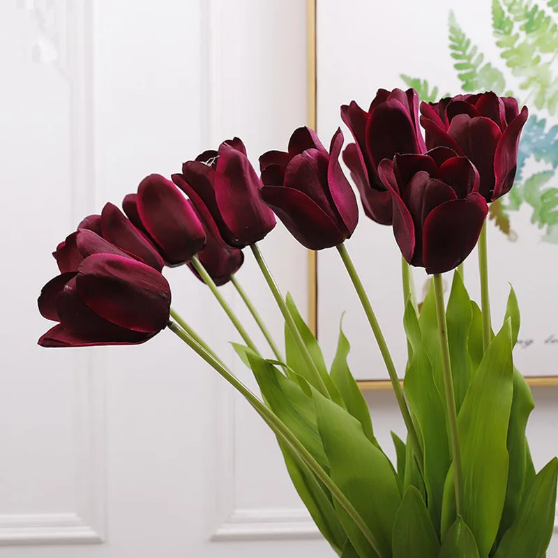 12 шт. красивые настоящие на ощупь цветы Шелковые тюльпаны искусственный букет поддельный цветок Свадебный букет декоративные цветы для свадьбы - Цвет: Фиолетовый