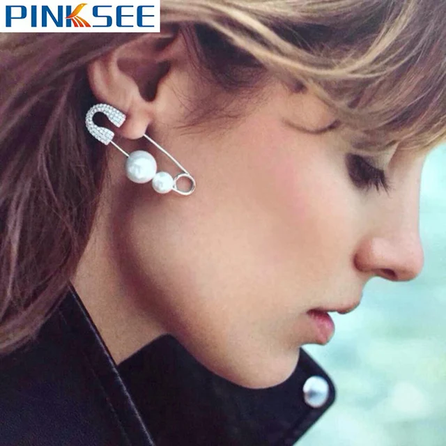 1pc Fashion Simulated Pearl Ear Jewelry Unique Safety Pin Earrings 1pc Fashion Simulated Pearl Ear Jewelry Unique Safety Pin Earrings For Women Punk Alloy Puncture