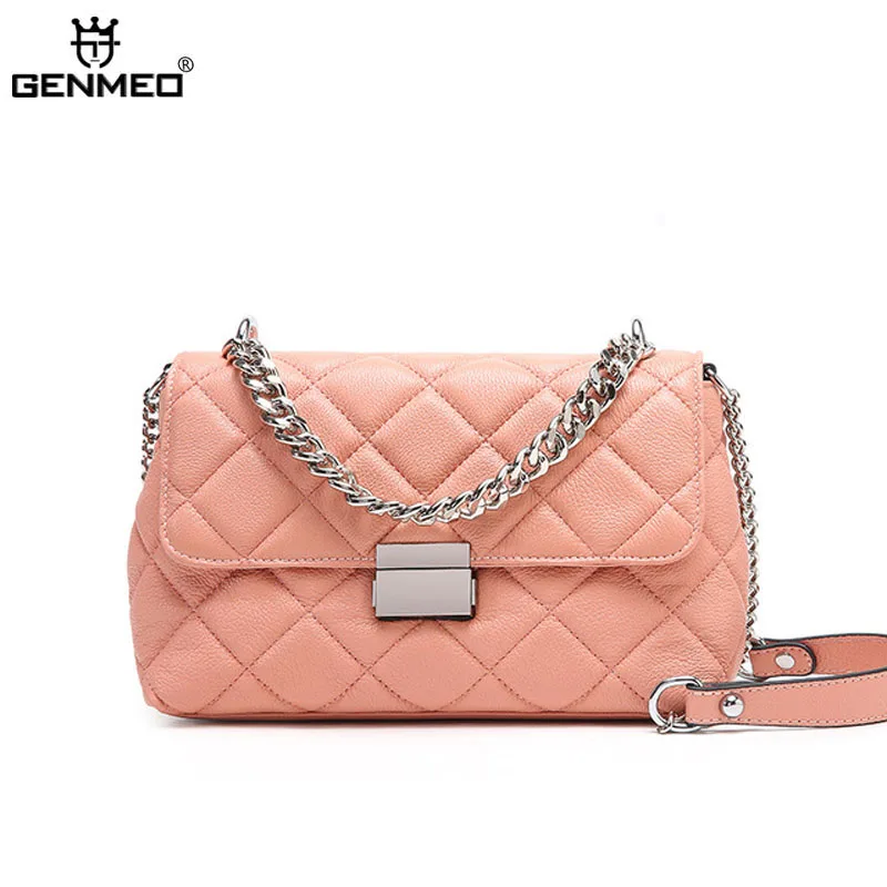 

GENMEO New Arrival Diamond Lattice Cow Leather Women Messenger Bag Female Luxury Handbag with Chain Shoulder Strap Bolsa