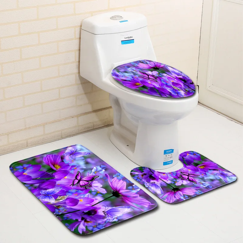 Фиолетовые розы коврик для ванной нескользящий ковер для ванной комнаты 3D и коврик для унитаза в унитаз чехлы на сиденья Рождество 3 шт наборы подушечки для ног