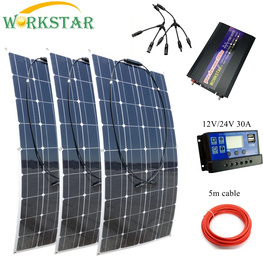 

WORKSTAR 20V 100W Flexible Solar Panels 12V Solar Charger for RV/Boat Car 300w Solar System for Beginner Outdoor Solar Charger