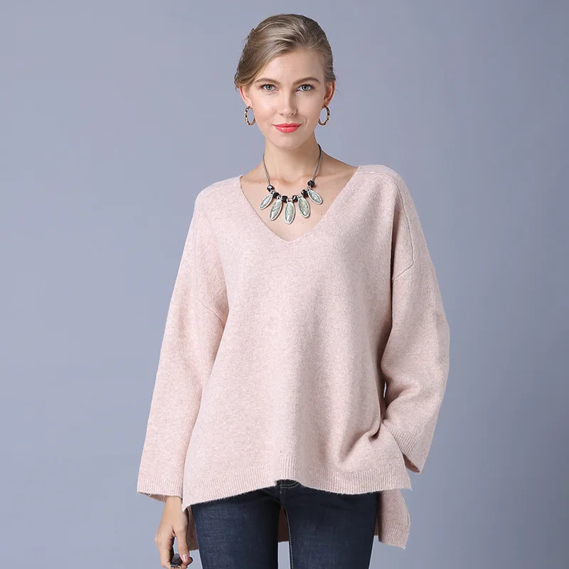 High quality women's pullover sweater winter loose long-sleeved V-neck solid color large size soft wome | Женская одежда