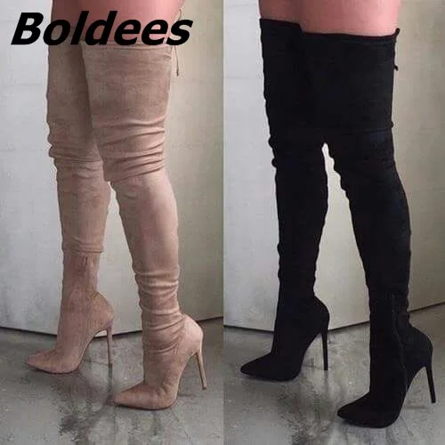 

Elegant Women Black Stiletto Heel Thigh High Boots Sexy Slim Fit Pointy Thin Heel Lace Up Long Boots Pretty Shoes Hot Selling