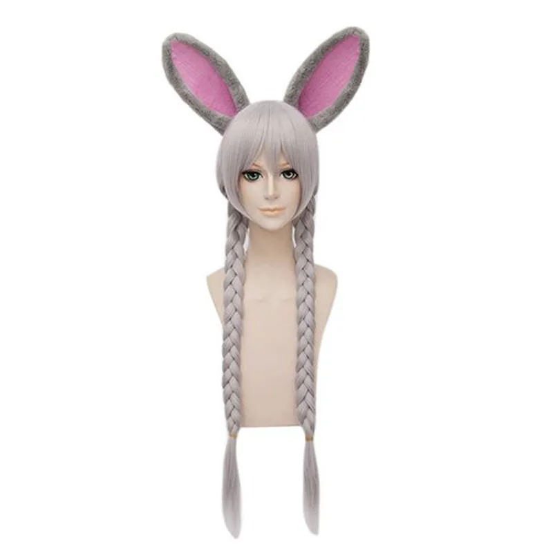 

Rabbit Ears+Hair Cap+ Double Silver Grey Braids Judy Bunny Synthetic Cosplay Wig For Party Rabbit Ear Props