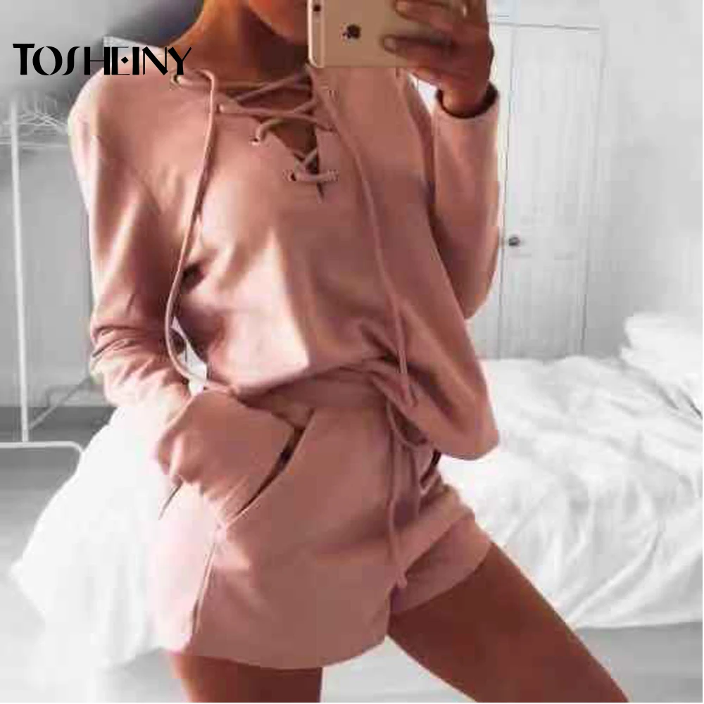 

Tosheiny 2019 Women Sexy Cross Long Sleeve Solid Color Two Pcs Set Female Casual Playsuit TH9570