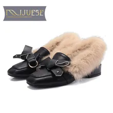 

MLJUESE 2018 women flats black color cow leather slip on rabbit hair winter short plush warm fur comfortable flats women shoes