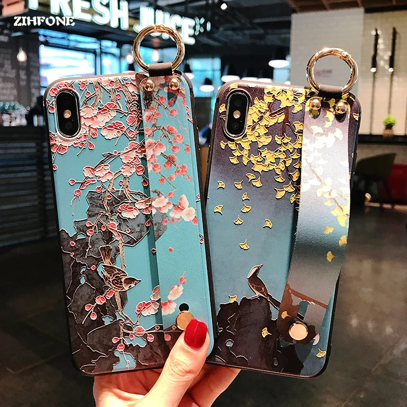 Fundas Flower Holder Strap Phone Case for iphone XS X XR Max Silicone Wristband Cases Coque sFor 8 7 6s 6 Plus Cover |