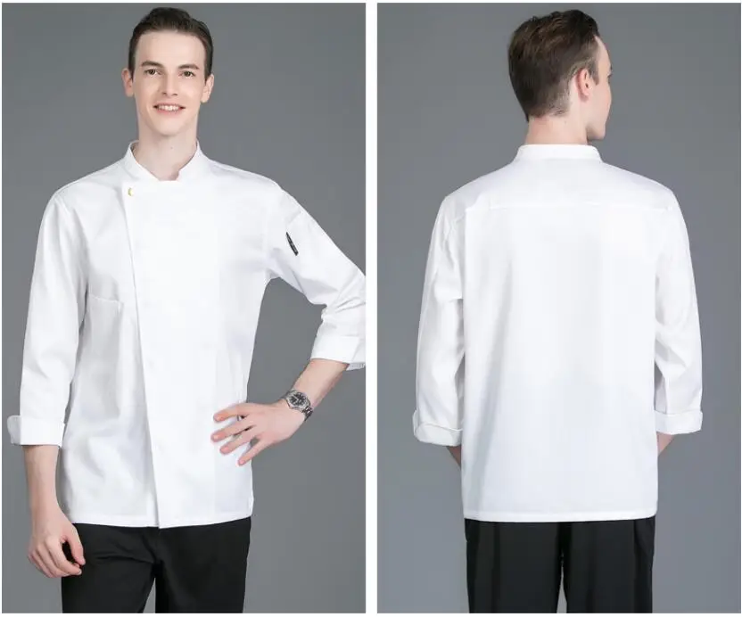 Отельная Мужская кухонная куртка шеф-повара, белая рубашка с длинными рукавами, униформа для ресторана, костюм шеф-повара, Женская куртка повара, 4 цвета - Цвет: Белый
