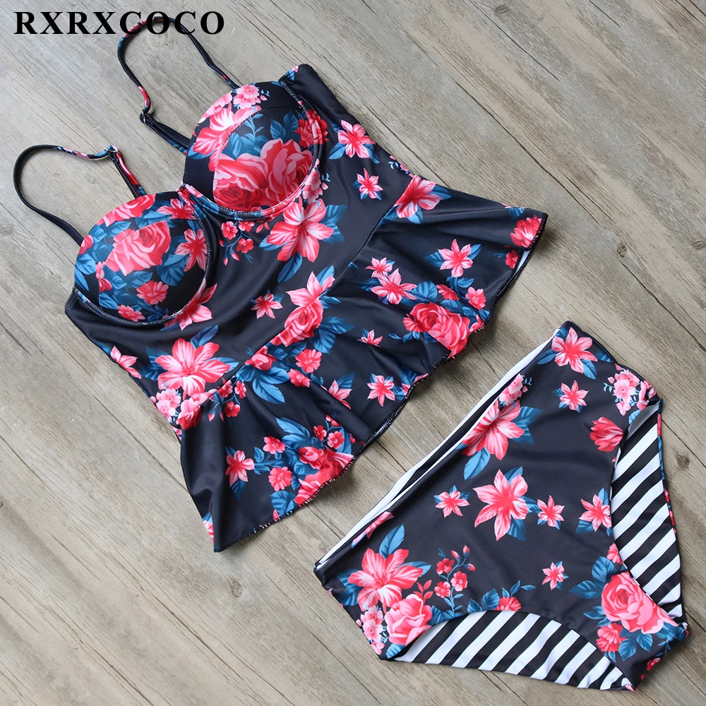 

RXRXCOCO High Waist Swimwear Women Printed Bikini Set Covering Bikini Female Padded Swimsuit Summer Beach Bathing Suit Bodysuit