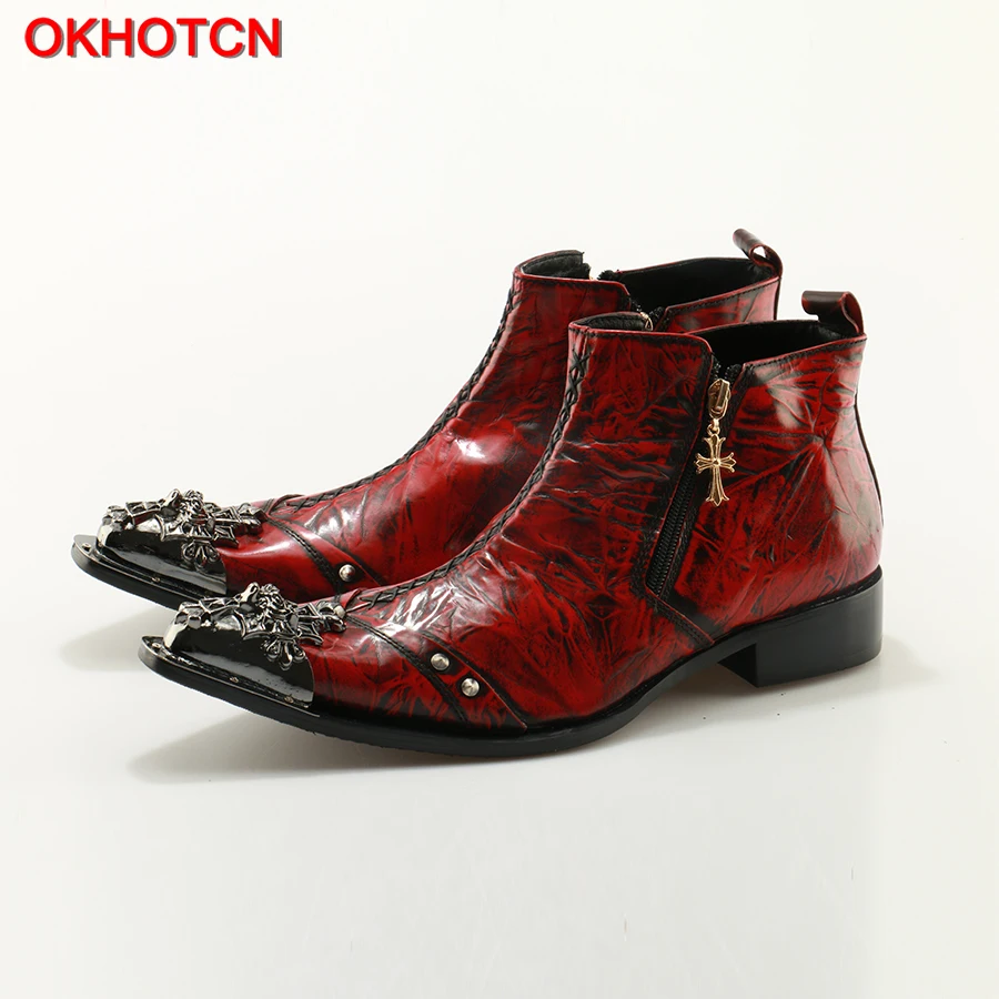 OKHOTCN Red Genuine Leather Retro Men Ankle Boots Classic Metal Pointed ...