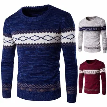 

European Mens Sweaters Plus Size Winter Round Neck Collar Knitted Sweater Casual Patchwork Warm Sweater Tops New
