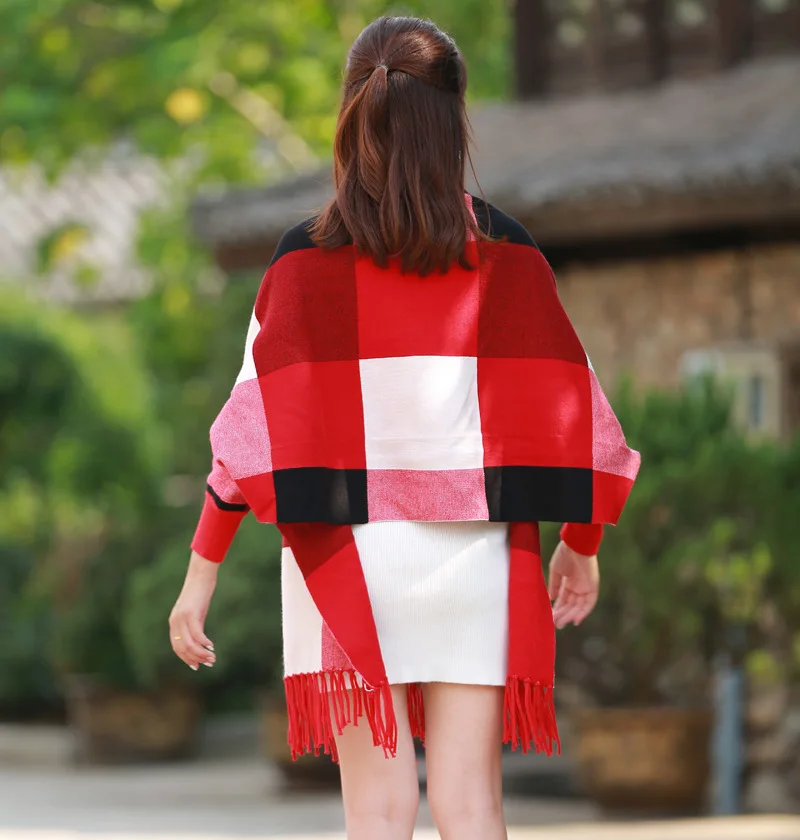 Female autumn and winter large plaid shawl dual-use cloak tassel double-sided jacquard bat sleeve sweater jacket