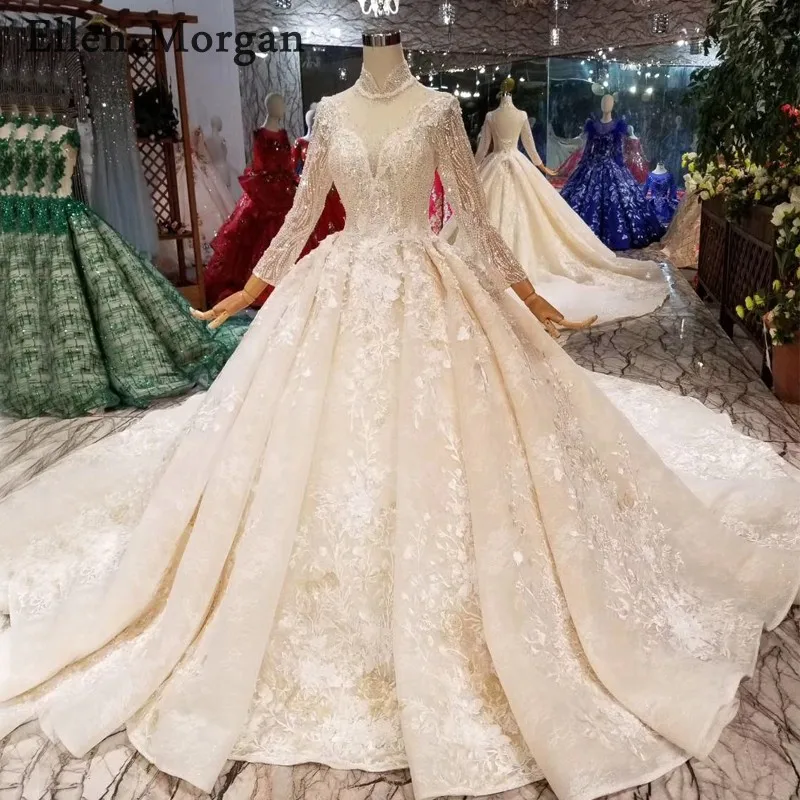 

Vintage Long Sleeves Ball Gowns Wedding Dresses 2019 Chapel Train Real Photos Custom Made High Neck Saudi Arabian for Bridal