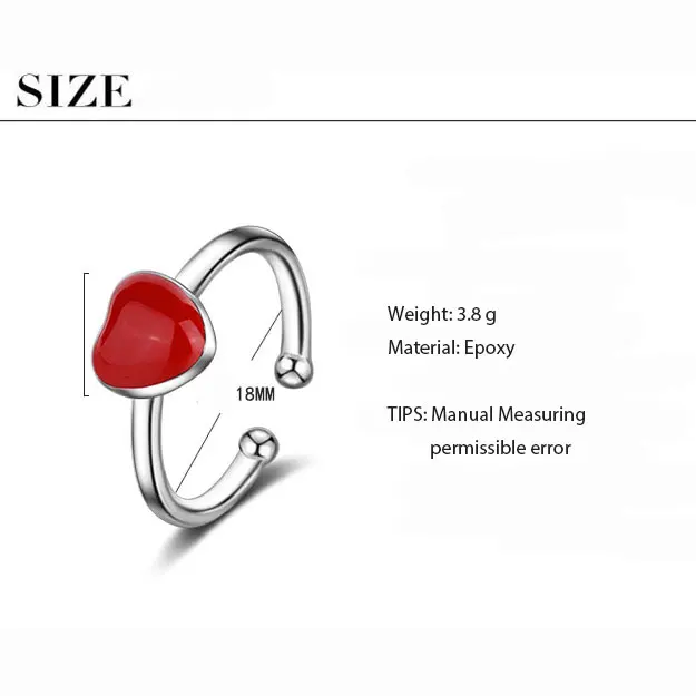 ANENJERY Simple Red Heart Ring For Women Girl Adjustable 925 Sterling Silver Rings S-R470