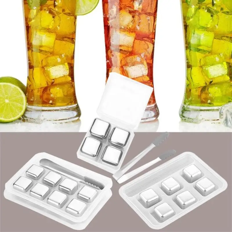 

4/6/8 Pcs Reusable Chilling Stones Stainless Steel Whiskey Cooler Stones Beer Wine Ice Cubes Drinking Cooler Ice