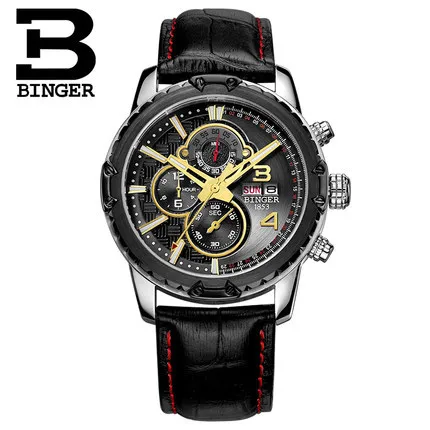 2016 Brand Binger Japanese movement watches men luxury Logo high grade leather Automatic Chronograph watch Army