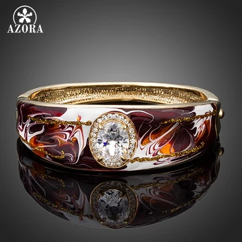 

AZORA Oil Painting Pattern Gold Color Clear Cubic Zirconia Cuff Bangle Bracelet TB0060