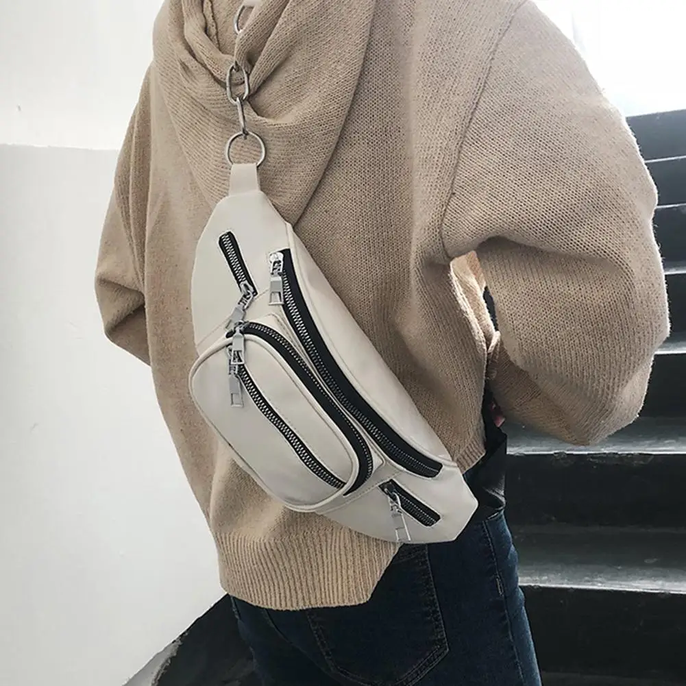 

Lady Solid Color Multi-pockets Fanny Pack Leather Crossbody Chest Waist Bag