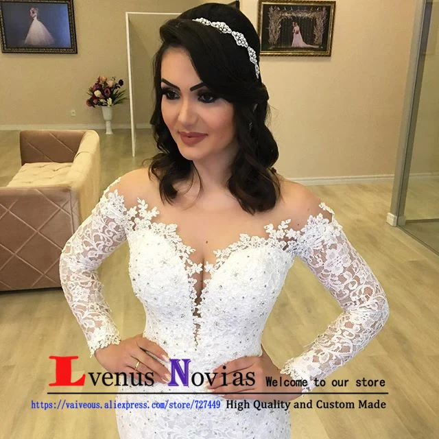 Vestidos de Noiva свадебное кружевное платье с бисером, платье невесты, сексуальные богемные Свадебные платья русалки, халат с длинными рукавами de Mariee - Цвет: Skin Color Tulle