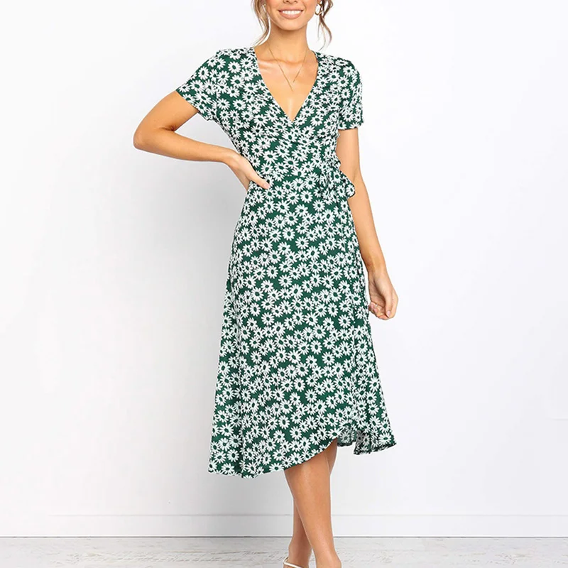 

Women Dress Ladies Party Summer Midi Casual Fashion Beach V Neck Boho Vacation Short Sleeves Sundress Cocktail