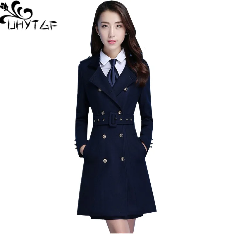 

UHYTGF Womens Winter WooI Coat New Double-breasted Ladies Jacket High quality Business wear Woolen Outerwear S-3XL Plus size 909