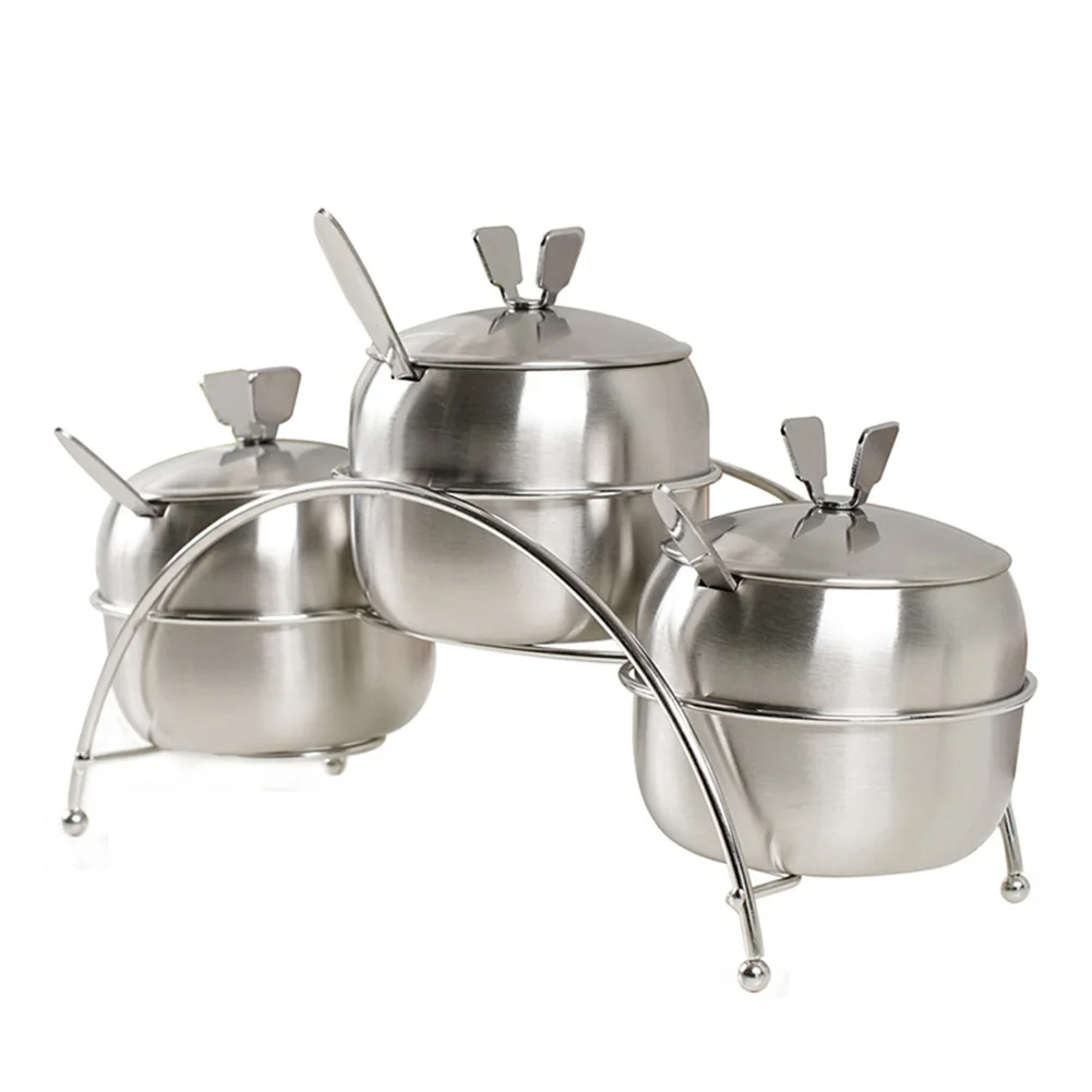 

3Pcs/Set Kitchen Supplies Shape Stainless Steel Condiment Pot Spice Container Salt Sugar Bowl Serving Jars Pot Spoons