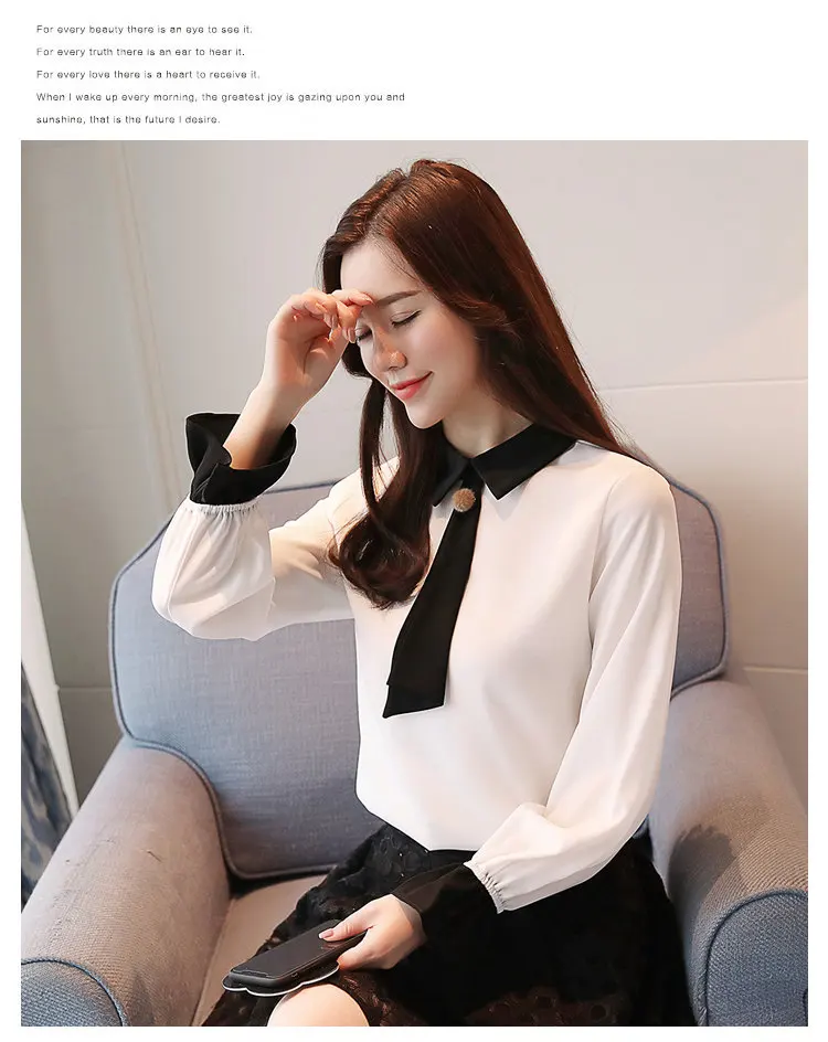 Women Blouses New 2019 Casual Autumn Shirt Elegant Bow Long Sleeve Tops Patchwork Chiffon Blusas Mujer OL Office Blouse (11)
