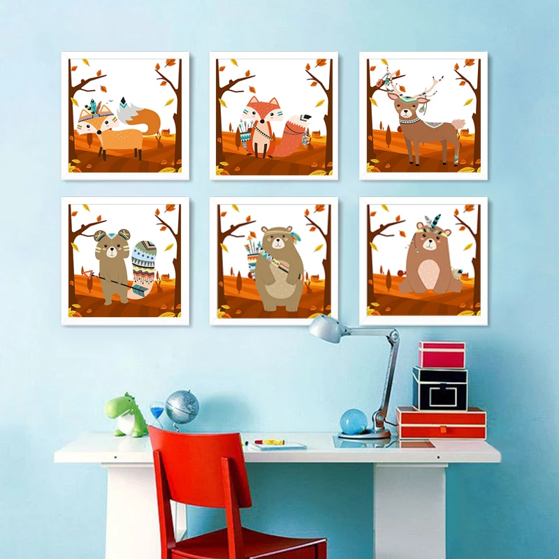 Spray Color Autumn Indian Animals Bear Deer Posters Prints Nordic Kids Room Wall Pictures Home Decorative Canvas Painting | Дом и сад