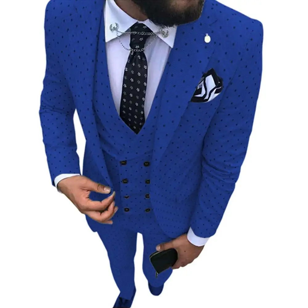 Мужской костюм с пятнистыми пятнами, 3 предмета, повседневный приталенный двубортный жилет с отворотом, смокинги для женихов, мужские вечерние(Блейзер+ жилет+ брюки - Цвет: Royal Blue