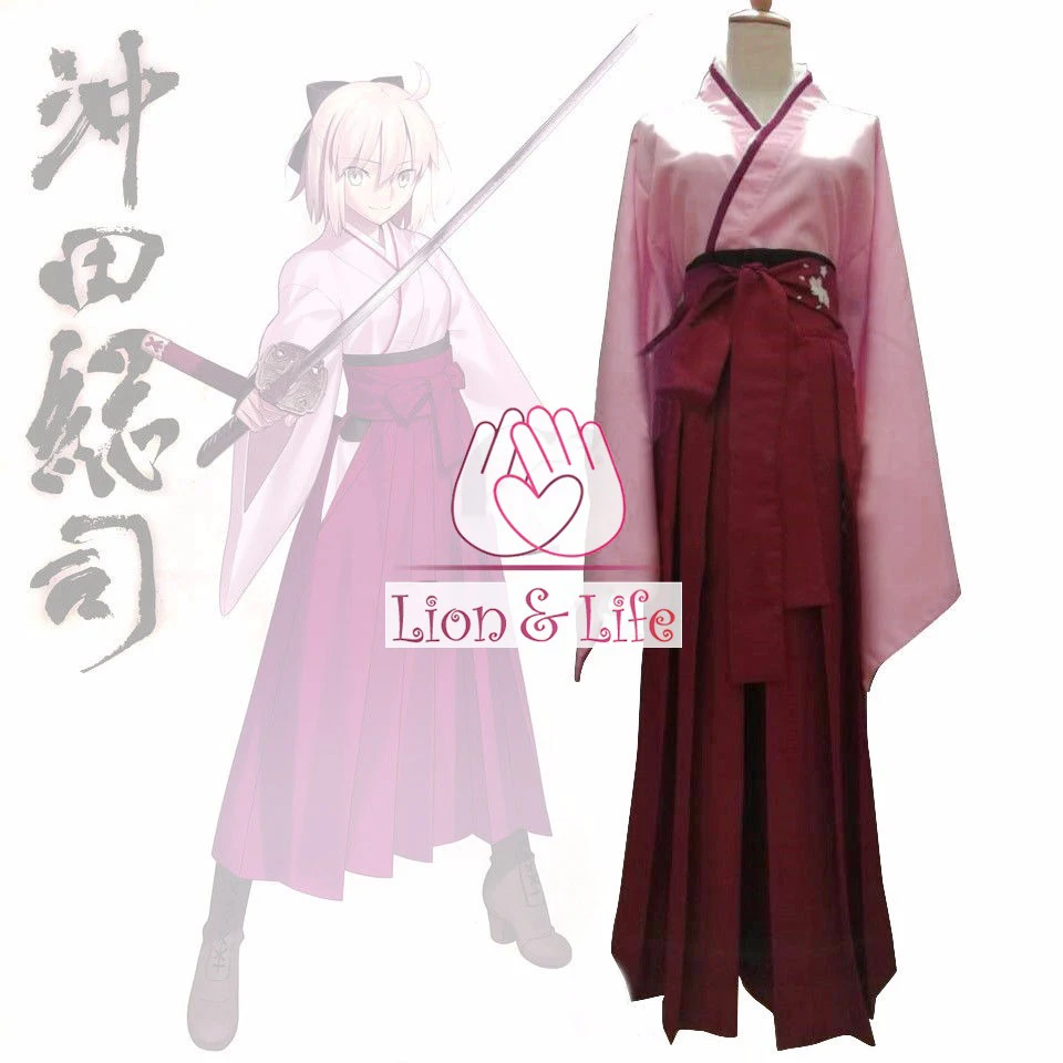 

Fate Grand Order Okita Souji Sakura Saber Hakama Kimono Cosplay Costume Full Set