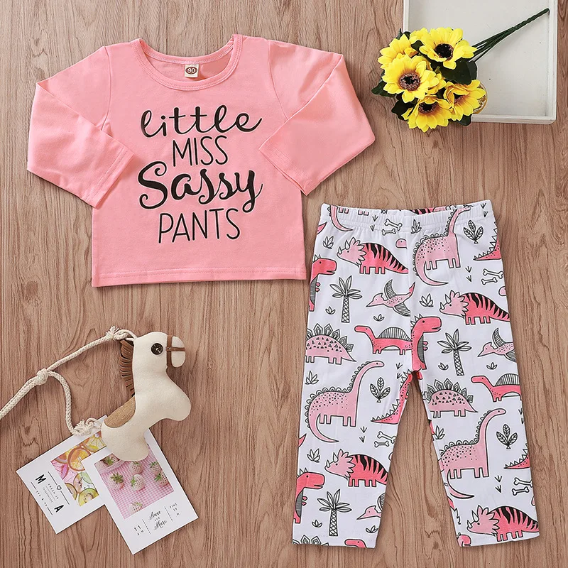

Spring/autumn Baby Girl Clothes Set 100% Cotton 2pcs Little Miss Sassy Pants Print Pink Long Sleeve Tshirt Dinosaur Pant Outfits