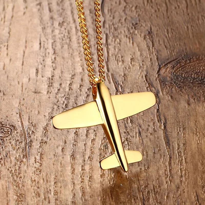 

Fashion Mens Necklaces Pendants Stainless Steel Gold / Silver Tone Airplane Pendant Necklace for Men Boys Bike Choker Jewelry