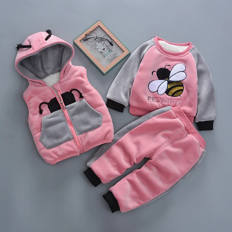 

Hot Sale Children Winter Warm Clothes Set Fashion Cotton Cartoon Thick Velvet 3PCS Hooded Vest+Tops+Pants Toddler Tracksuits