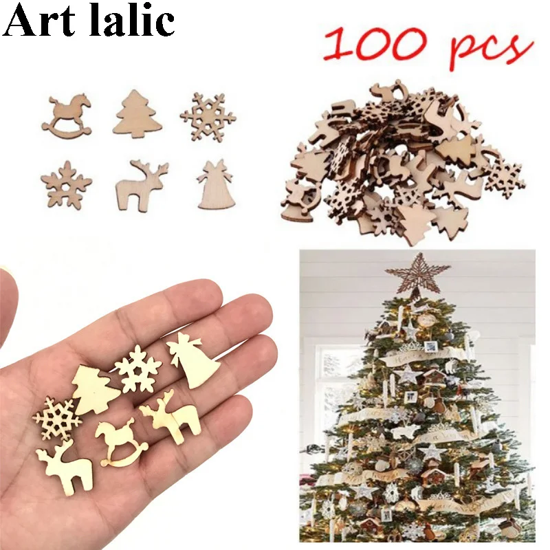 

100PCS Christmas Snowflakes Deer Tree Wooden Pendants Drop Ornaments Christmas Tree Ornaments Party Decoration Home Kids Gifts