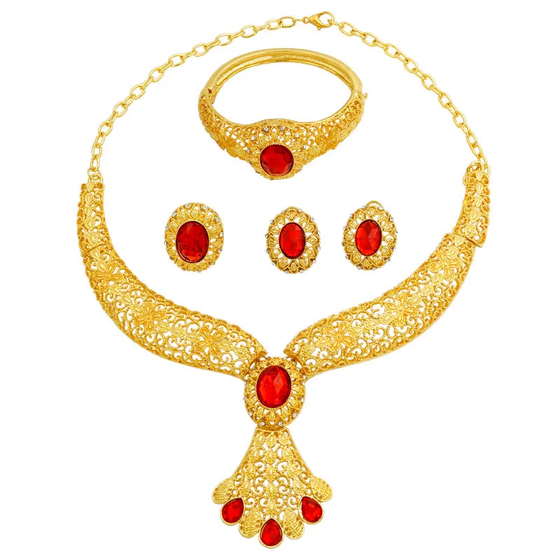 Liffly свадебный ювелирный набор Дубай золотые Ювелирные наборы для женщин индийское свадебное ожерелье серьги кольцо браслет ювелирные изделия оптом - Окраска металла: red
